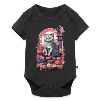 Chat rétro Sushi Sashimi Ukiyo-E Style artistique - Body à manches courtes Premium Bébé - noir - Devant