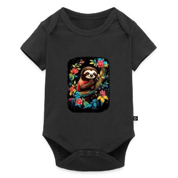 Faultier Niedliches Tier Floraler Nachthimmel - Baby Premium Kurzarmbody - Schwarz - Vorne