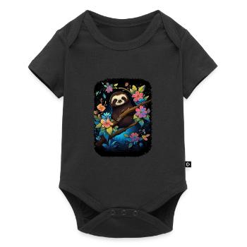 Faultier Niedliches Tier Floraler Nachthimmel - Baby Premium Kurzarmbody - Schwarz - Vorne