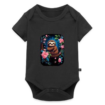 Faultier Niedliches Tier Floraler Nachthimmel - Baby Premium Kurzarmbody - Schwarz - Vorne