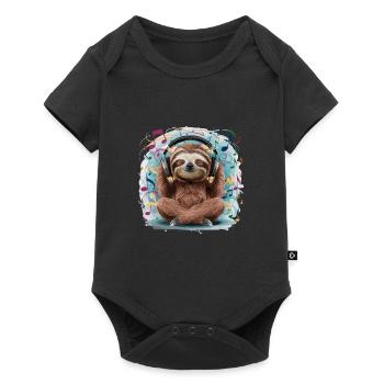 Cooles DJ-Faultier Platten auflegt Kopfhörern - Baby Premium Kurzarmbody - Schwarz - Vorne