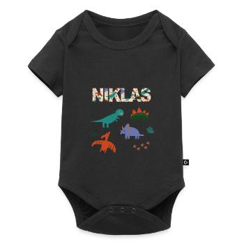 NIKLAS - Schöner Jungen Name mit Dinosaurier - Baby Premium Kurzarmbody - Schwarz - Vorne