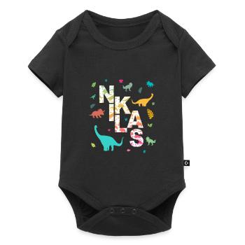 NIKLAS - Schöner Jungen Name mit Dinosaurier - Baby Premium Kurzarmbody - Schwarz - Vorne