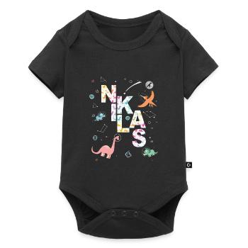 NIKLAS - Schöner Jungen Name mit Dinosaurier - Baby Premium Kurzarmbody - Schwarz - Vorne