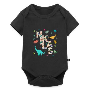 NIKLAS - Schöner Jungen Name mit Dinosaurier - Baby Premium Kurzarmbody - Schwarz - Vorne