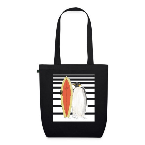 Pingwin z deską surfingową (paski) - Ekologiczna torba materiałowa