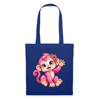 Kawaii-rosa Affe mit tropischer Blume - Stoffbeutel - Royalblau - Vorne