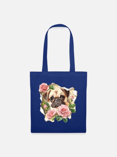 Mops mit Rosen - Stoffbeutel - Royalblau