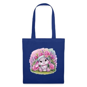 Mignon lapin kawaii avec des roses et de la lavande - Sac en tissu - bleu royal - Devant