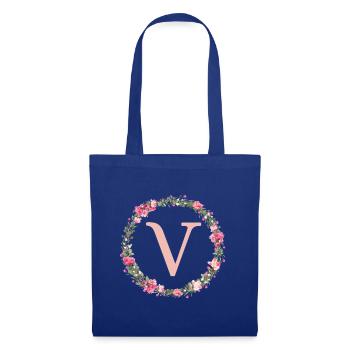 V Monogramm, Blumen-Kranz, personalisierbar - Stoffbeutel - Royalblau - Vorne