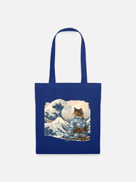 Samurai Cat Wave japanischer Ukiyo-e-Stil - Stoffbeutel - Royalblau