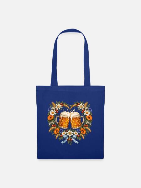 Bierkrüge im Blumenherz – Prost Volksfest - Stoffbeutel - Royalblau