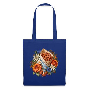 Gebrannte Mandeln mit Edelweiß & Blumen - Stoffbeutel - Royalblau - Vorne