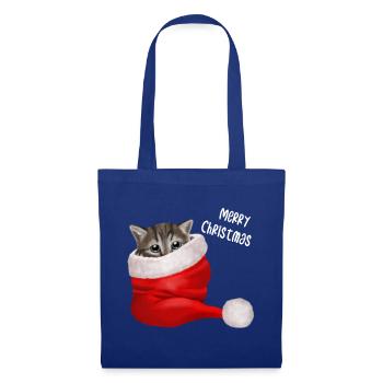 Merry Christmas Kätzchen - In Weihnachtsmütze - Stoffbeutel - Royalblau - Vorne