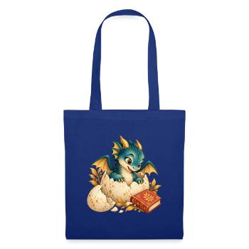 Neugeborener Drache zwischen Eiern und Buch - Stoffbeutel - Royalblau - Vorne