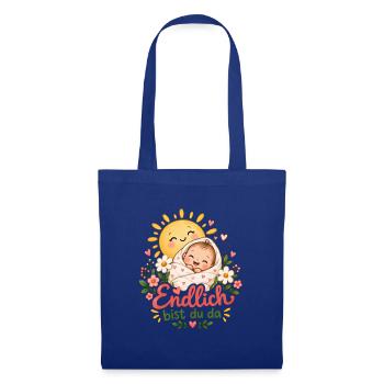 Endlich da: Sonnenbaby mit Blumen - Stoffbeutel - Royalblau - Vorne