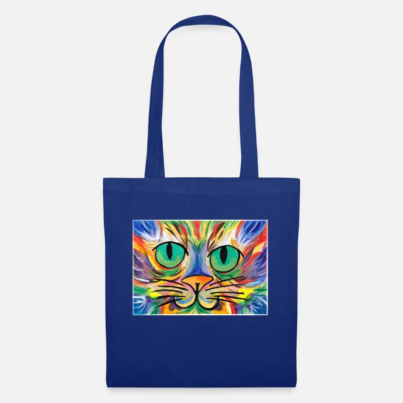 Bunte Acryl Katze selbstgemalt - Stoffbeutel - Royalblau