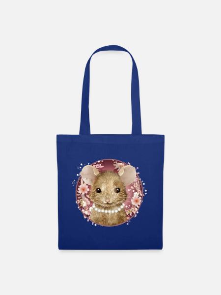 Maus Mädchen mit Perlen im floralen rosa Rahmen - Stoffbeutel - Royalblau