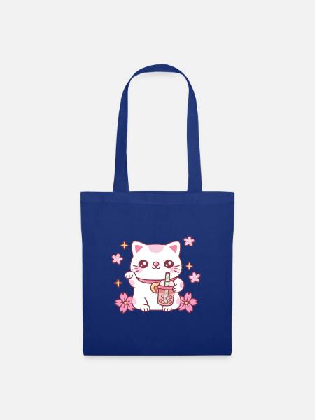 Süße Maneki-Neko-Katze mit rosa Boba-Tee - Stoffbeutel - Royalblau