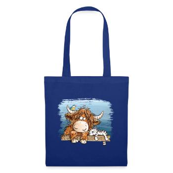 Highland Kuh Mit Katze Bauernhof Tierhumor Cartoon - Stoffbeutel - Royalblau - Vorne