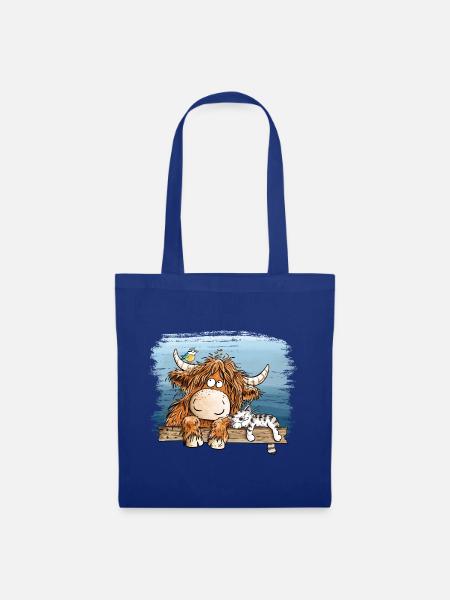 Highland Kuh Mit Katze Bauernhof Tierhumor Cartoon - Stoffbeutel - Royalblau