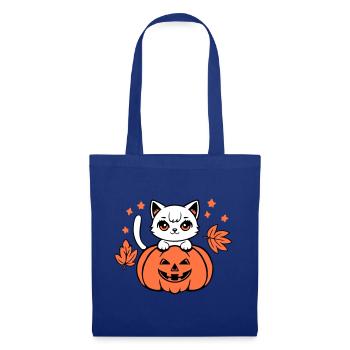 Herbst Katze Weiß Kürbis Ahorn Blatt Süß Halloween - Stoffbeutel - Royalblau - Vorne