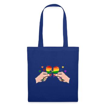 Frauenhände Herzpuzzle Regenbogen mit Herzen - Stoffbeutel - Royalblau - Vorne