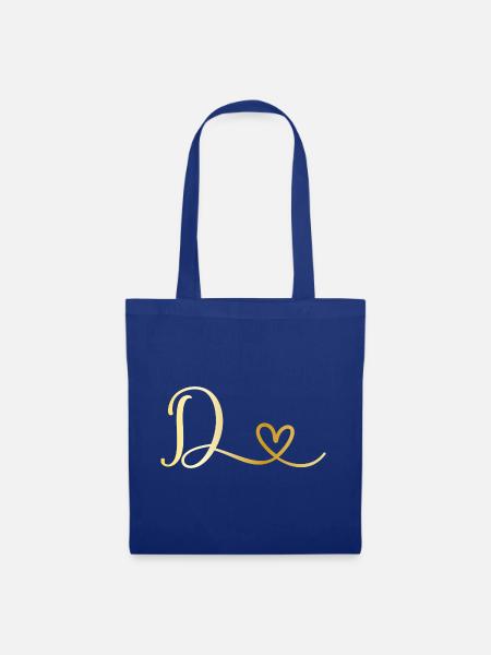 Buchstabe D goldenes Monogramm mit Herz - Stoffbeutel - Royalblau