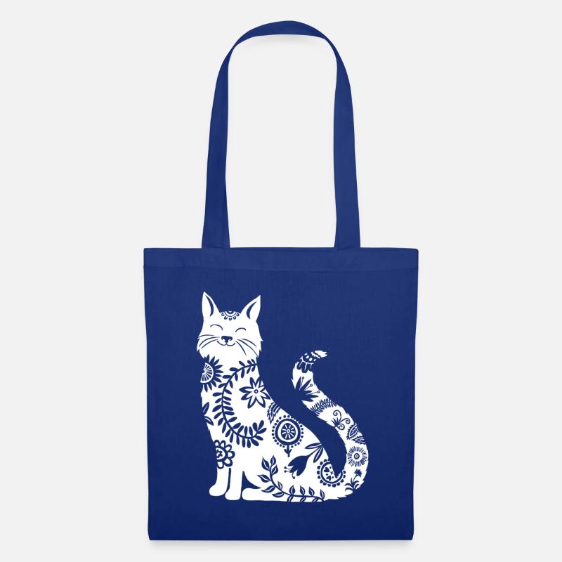 weisse Katze mit Blumenmuster - Stoffbeutel - Royalblau