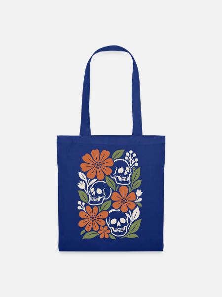 Retro-Blumenschädel im Herbst - Stoffbeutel - Royalblau