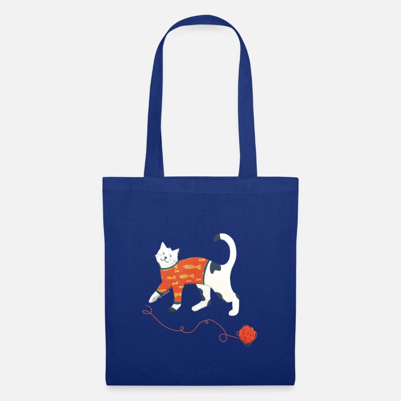 Katze im Pullover spielt mit einem Wollknäuel - Stoffbeutel - Royalblau