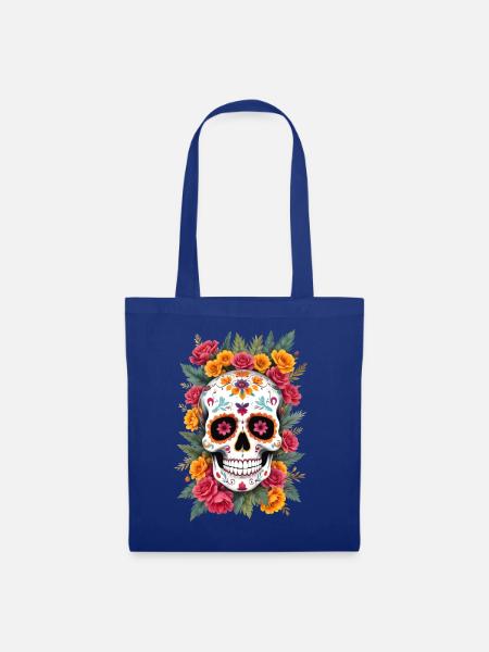 Mexikanischer Schädel Zuckerschädel Calavera Blüten - Stoffbeutel - Royalblau