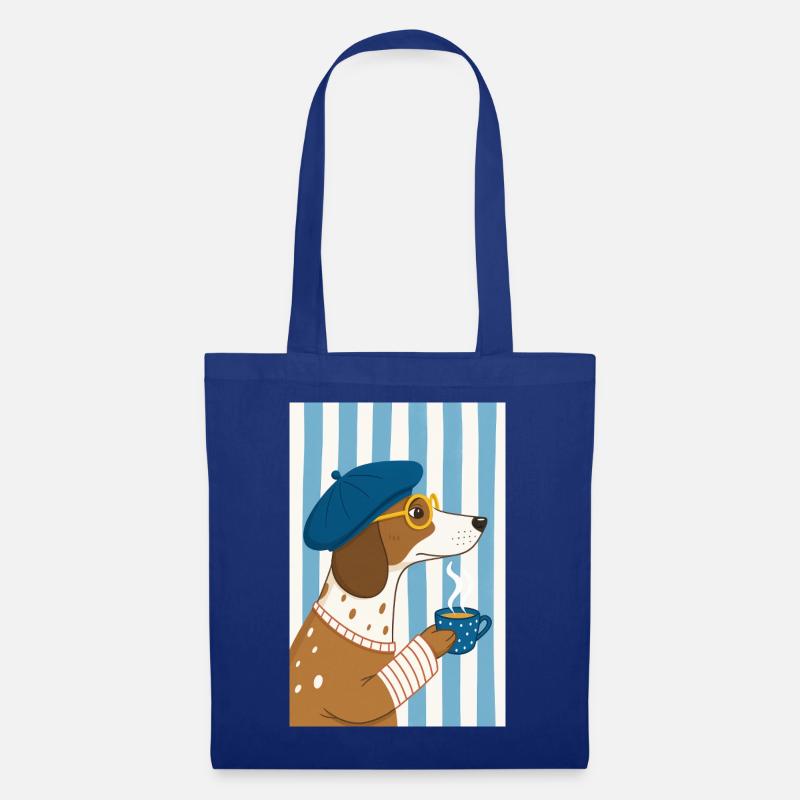 Schicker Hundekaffee und Baskenmütze - Stoffbeutel - Royalblau