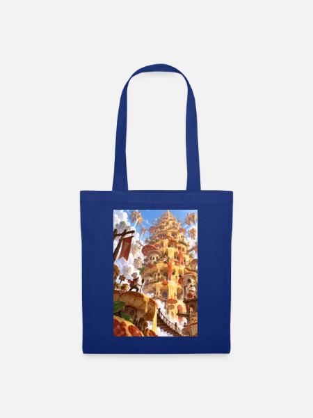 Käsegebundener Fantasieturm - Stoffbeutel - Royalblau