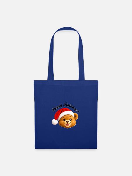 Weihnachtsteddybär mit Weihnachtsmannmütze - Stoffbeutel - Royalblau