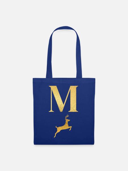 Buchstabe m goldener Hirsch - Geschenkidee - Stoffbeutel - Royalblau