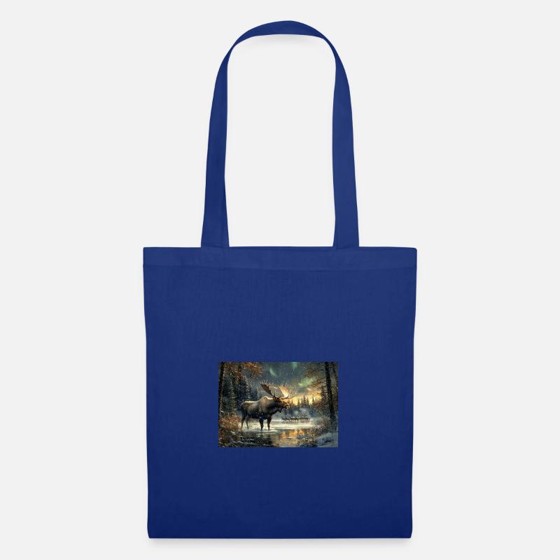Elch Abends im Wald, mit Polarlicht und Sunset - Stoffbeutel - Royalblau
