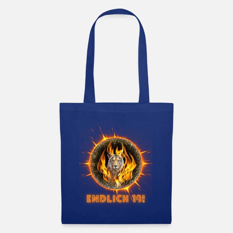 Endlich 18 - Löwe mit Flammenmähne - Stoffbeutel - Royalblau