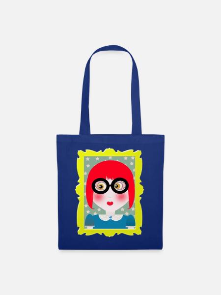 Retro-Porträtmädchen mit Brille - Stoffbeutel - Royalblau