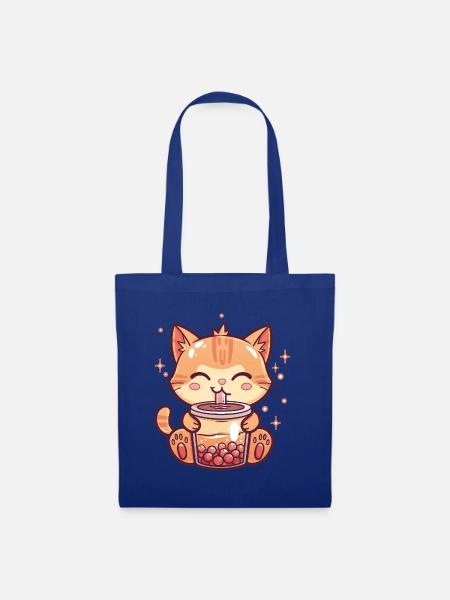Katze trinkt Bubble Tea - Stoffbeutel - Royalblau