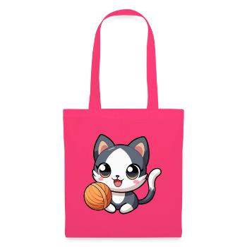 Chaton kawaii noir et blanc avec pelote - Sac en tissu - rose azalée - Devant