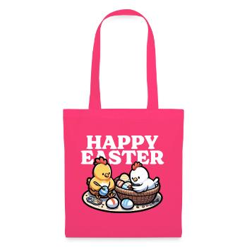 Joyeuses Pâques - De mignons poussins peignent des œufs de Pâques - Sac en tissu - rose azalée - Devant
