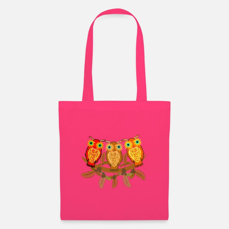 Three colorful owls with pine tree branches - Tote Bag - azalea