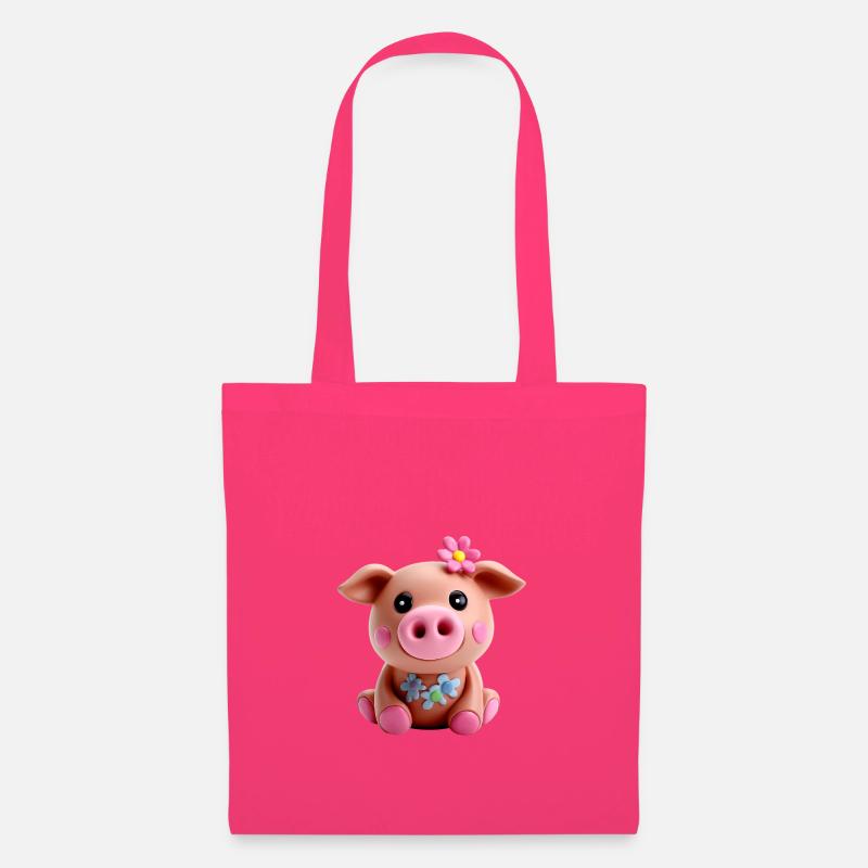 Joli cochon en pâte à modeler avec fleur - Sac en tissu - rose azalée