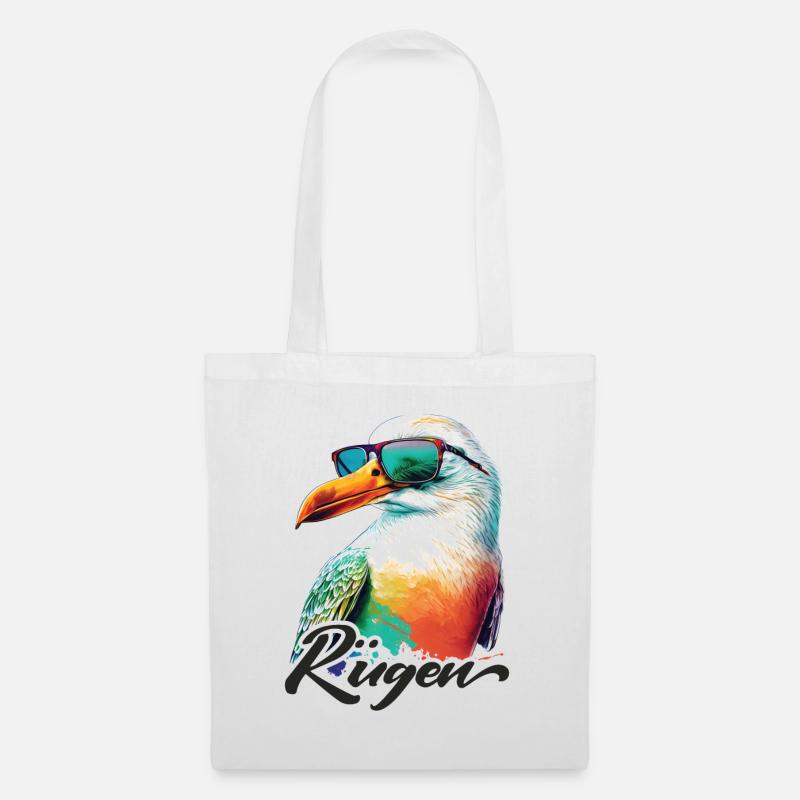 Rügen Urlaub coole bunte Möwe mit Sonnenbrille - Stoffbeutel - Weiß