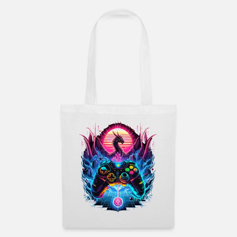 Synthwave Dragon Gaming Fantasie - Stoffbeutel - Weiß