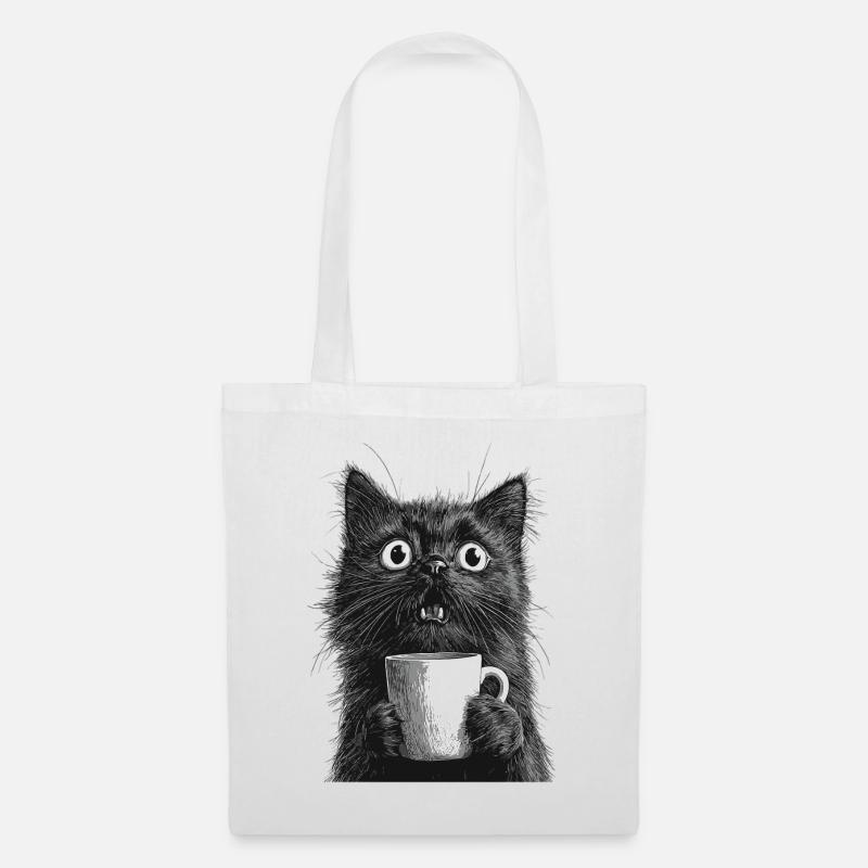 Geschockte Katze mit Kaffeetasse - Stoffbeutel - Weiß