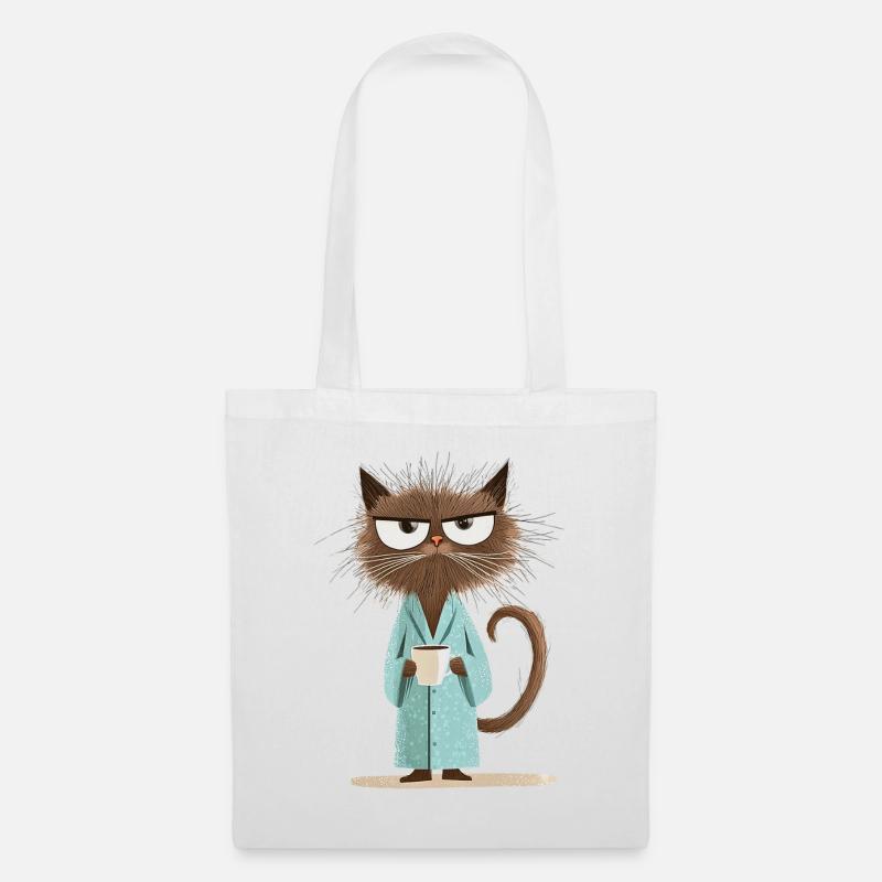 Morgenmuffel Katze mit Kaffee im Bademantel - Stoffbeutel - Weiß