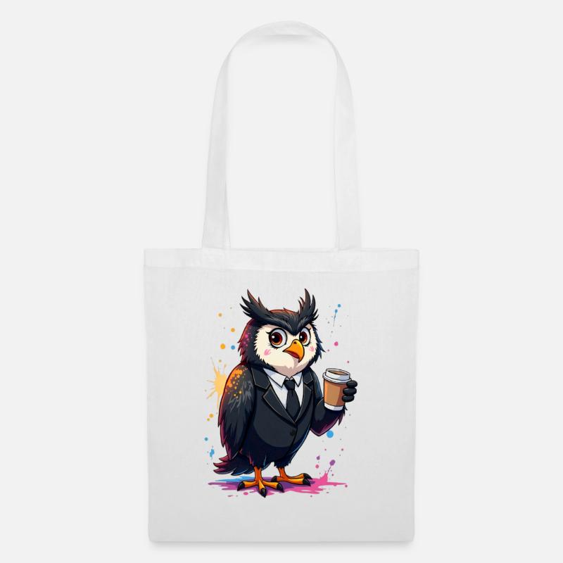 Eleganter Eulen-Druck in Business-Style und Kaffee - Stoffbeutel - Weiß