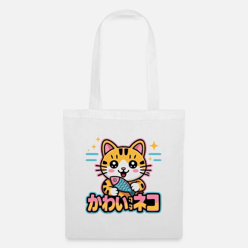 Kawaii-Katze mit Fischen und Sternen - Stoffbeutel - Weiß